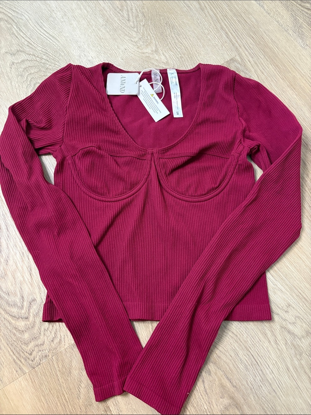 NWT ANWND Burgundy Ribbed Corset Long Sleeve Top night out seamless stretch